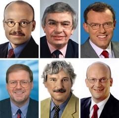 Die Bildkombo zeigt (oben, v.l.): Günter Lenz (SPD, MdL Niedersachsen und Vorsitzender des VW-Betriebsrates Hannover), Jann-Peter Janssen (SPD, MdB) und Hans-Joachim Werner (SPD, MdL Bayern), (unten, v.l.) Hans-Jürgen Uhl (SPD, MdB und Mitglied des VW-Betriebsrates Wolfsburg), Hans-Hermann Wendhausen (SPD, MdL Niedersachsen) und Ingolf Viereck (SPD, MdL Niedersachsen, undatierte Archivfotos). Die SPD-Abgeordnete bezogen bzw. beziehen neben ihren Diäten auch Gehalt vom VW-Konzern. (Foto: dpa)