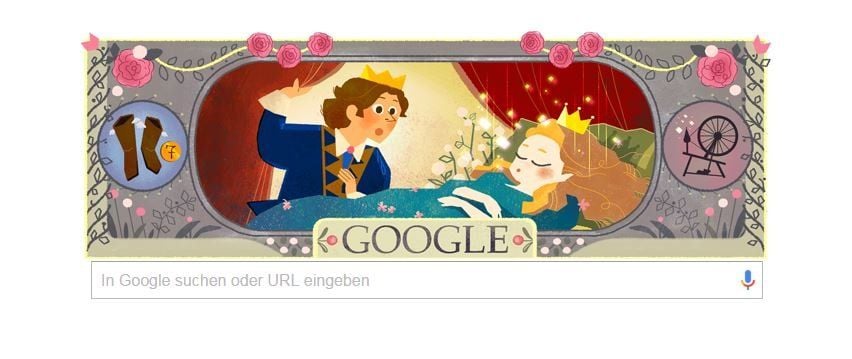 Dornröschen und ihr Prinz als Google Doodle.