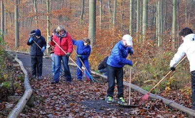 Die CJD-Schüler harken das Laub vom Wanderweg.