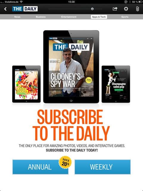 In der aktuellen Ausgabe der digitalen Tablet-Zeitung «The Daily» (Montag, 3. Dezember) wirbt der Verlag noch um Abonennten. Doch knapp zwei Jahre nach der Premiere als erste iPad-Zeitung wird der Titel von Medien-Mogul Rupert Murdoch eingestellt. (FOTO: DPA)