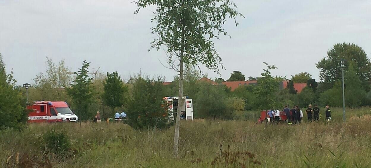 Polizisten durchkämmen das Parkgelände nahe der Heide-Süd-Siedlung in Neustadt.