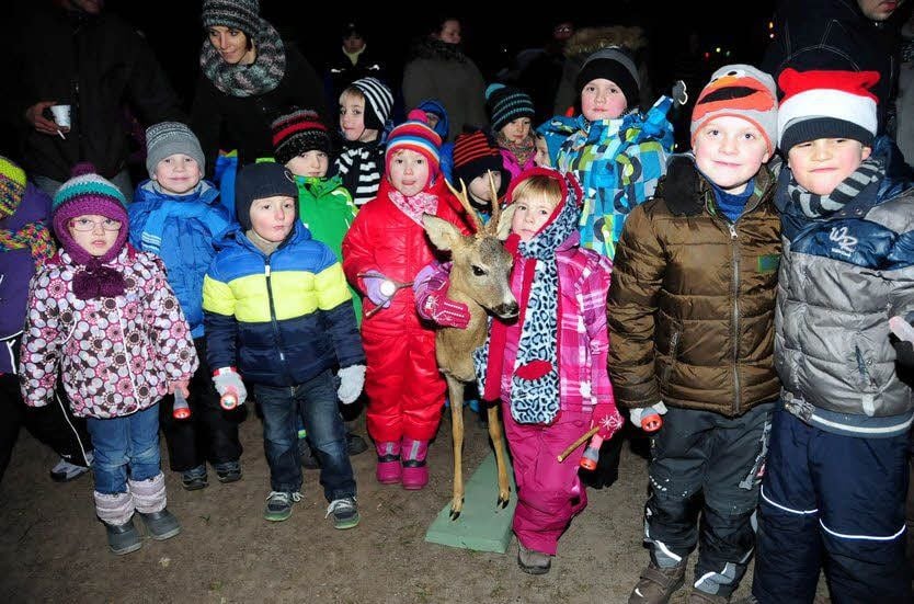 Die Kinder zogen von der Hirtenwiese in Richtung Diest-Höhe, um dort den Weihnachtsmann zu suchen und sie begegneten Rehbock „Max“.