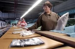 Frauen legen am Mittwoch (17.03.2004) im Quelle-Versandzentrum Leipzig (VLZ) Waren auf ein Kippschalenband. Am Donnerstag (18.03.2004) wird in dem VZL das 200-millionste Paket verschickt. - In dem Logistikzentrum werden täglich bis zu 100.000 Quelle-Pakete versandt. Mit seinen Lieferungen seit Betriebsaufnahme am 20. Februar 1995 in Leipzig ist das Unternehmen größter Kunde der Post. Mit 2500 Mitarbeitern ist Quelle auch der größte Arbeitgeber der Region. In den vergangenen zwei Jahren wurden rund 150 neue Stellen für Stammmitarbeiter geschaffen. (Foto: ddp)