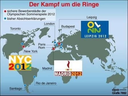 Leipzig konkurriert mit Madrid und New York. Weitere Städte wie London, Paris und Rom haben bisher Absichtserklärungen abgegeben und werden sich vermutlich ebenfalls um die Ausrichtung bewerben. (Grafik: dpa)