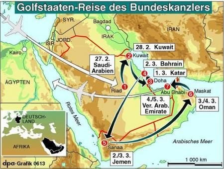 Stationen der Golfstaaten-Reise des Bundeskanzlers (Grafik: dpa)