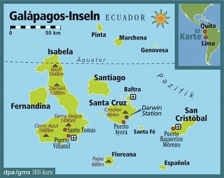 Der Galápagos-Archipel liegt etwa 1000 Kilometer westlich von Ecuador im Pazifik - die Inseln sind ausschließlich nach einem Stopp in dem südamerikanischen Staat zu erreichen, zu dem sie politisch auch gehören. (Grafik: dpa)