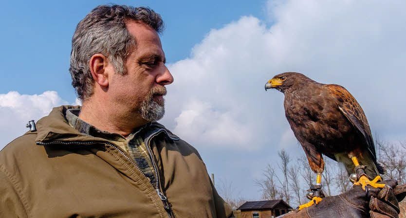 Jim Ohle mit dem fernseherfahrenen Wüstenbussard Pedro.
