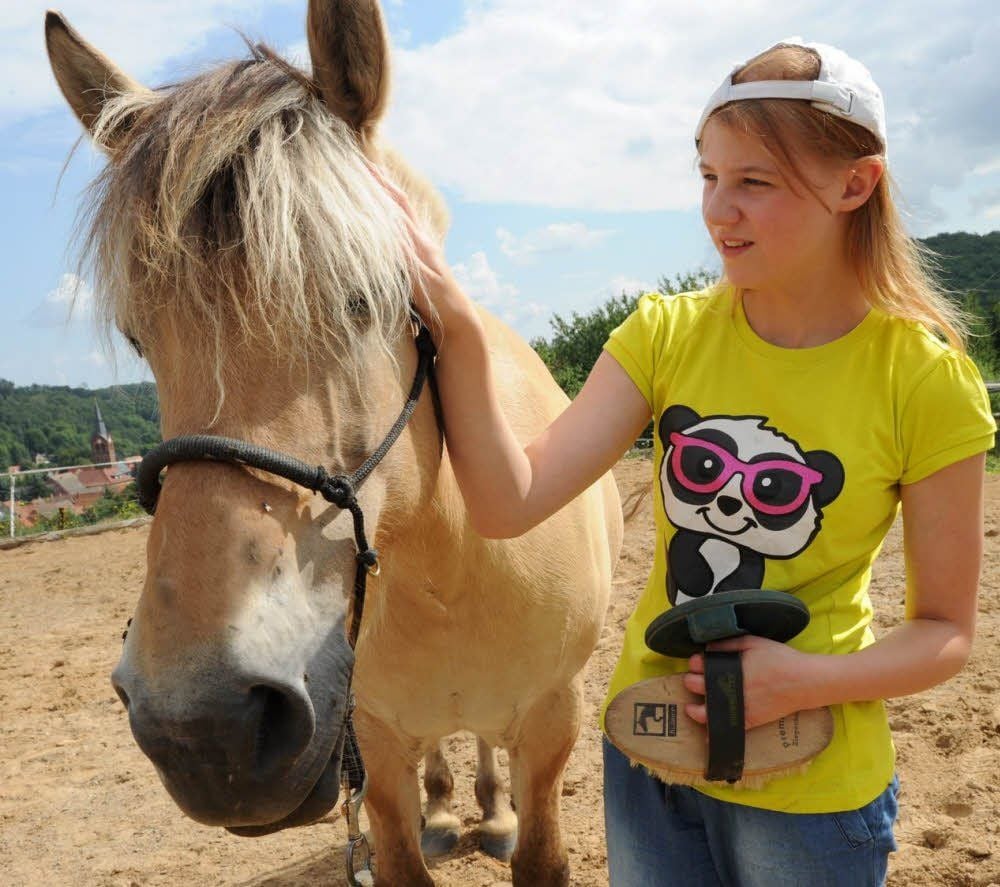 Madlen Meister streichelt vor der Therapiestunde in Stangerode die Stute Evita.