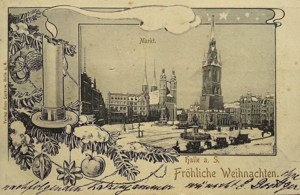 Eine Weihnachtspostkarte um die Wende zum 20. Jahrhundert zeigt den Marktplatz.