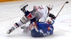 Der Kölner Mirko Lüdemann (l) und der Mannheimer Todd Hluschko kämpfen um den Puck. (Foto: dpa)