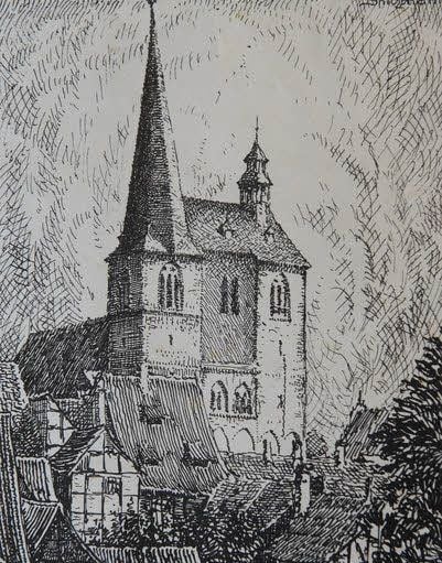 Zu den Neuerwerbungen gehört die Federzeichnung „Stadtkirche“.