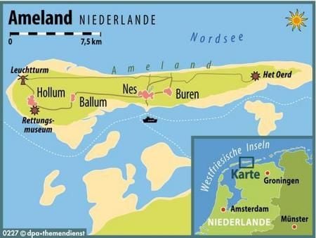 Ameland ist eine der fünf Inseln vor der niederländischen Küste - die vier Inseldörfer liegen wie an einer Schnur aneinandergereiht. (GRAFIK: DPA)