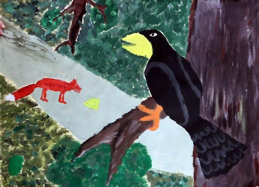Hier ist die Fabel „Der Fuchs und der Rabe“ illustriert worden.