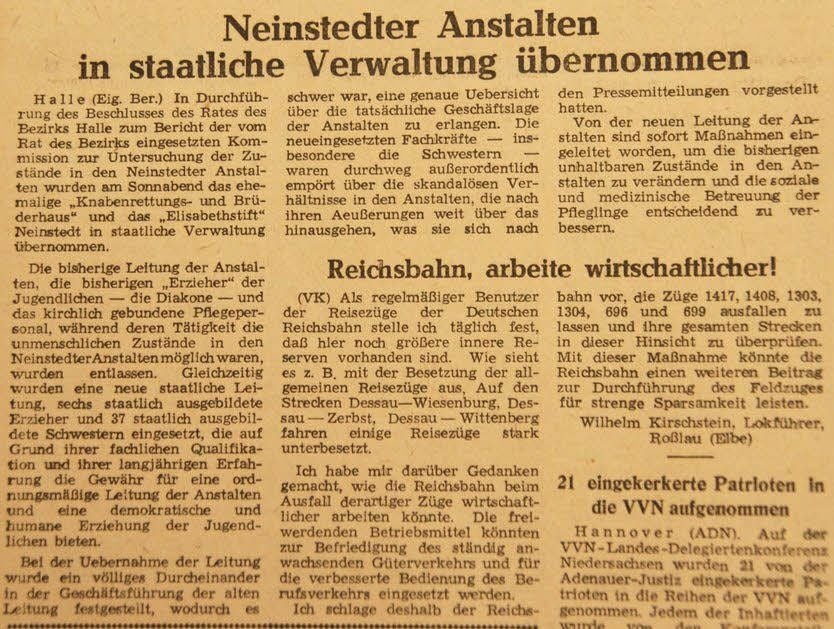 Endlich ist nach langer Propaganda eine Handhabe gefunden, um die Neinstedter Anstalten in staatliche Verwaltung übernehmen zu können.