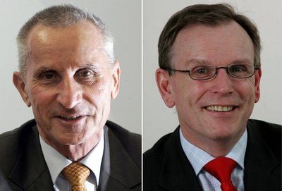 Der ehemalige Vorsitzende der Regionaldirektion der Bundesagentur für Arbeit für die Bundesländer Sachsen-Anhalt und Thüringen, Max-Volker Dähne (links), und sein Nachfolger Kay Senius. (FOTO: DDP)