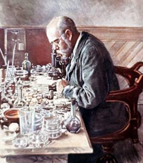 Robert Koch am Mikroskop in seinem Laboratorium in Kimberley, Südafrika. (GRAFIK: DPA)