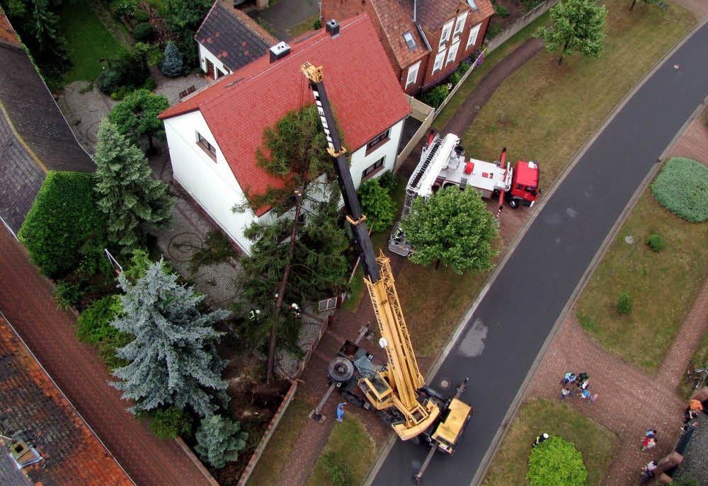 Um dieses Haus in Düßnitz von einem umgekippten Nadelbaum zu befreien, mussten die Feuerwehren aus Jessen und Düßnitz zusätzlich zum Hubsteiger einen Autokran ordern.