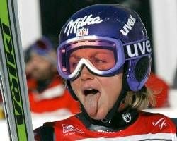 Swiss Sonja Nef celebrates 16 December 2001 in Val d'Isere after winning the women's World Cup giant slalom race. Sonja Nef won ahead of Swedish Anja Paerson and Austria's Michaela Dorfmeister. dpa