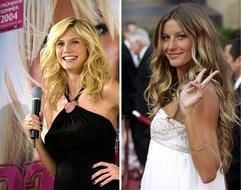 Das brasilianische Supermodel Gisele Bündchen (24, rechts in der Kombo - Archivbild vom 27.02.2005) soll nach Informationen der Hamburger Zeitschrift «Gala» beim Versandhaus Otto die Nachfolge von Heidi Klum (31, Archivbild vom 16.12.2003) als Titelmodell der Kataloge antreten. Das Unternehmen bestätigte das nicht und wollte zu der möglichen Klum-Nachfolge keine Stellungnahme abgeben. Otto hatte die Verträge mit Klum gelöst, weil das Model aus Bergisch-Gladbach wegen einer Schwangerschaft seinen Verpflichtungen nicht mehr voll nachkommen konnte. (Foto: dpa)