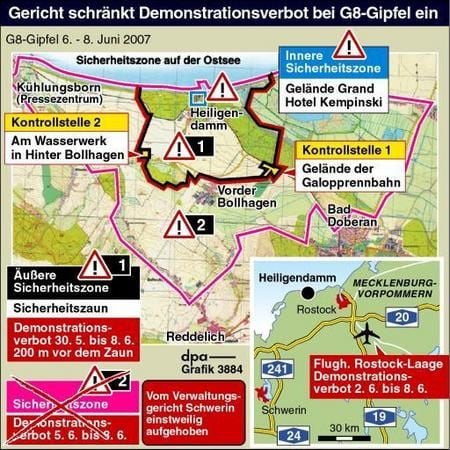 Globalisierungskritiker dürfen bei Demonstrationen während des G8-Gipfels im Juni nun doch bis auf 200 Meter an den Sicherheitszaun um Heiligendamm heran. (Grafik: dpa)