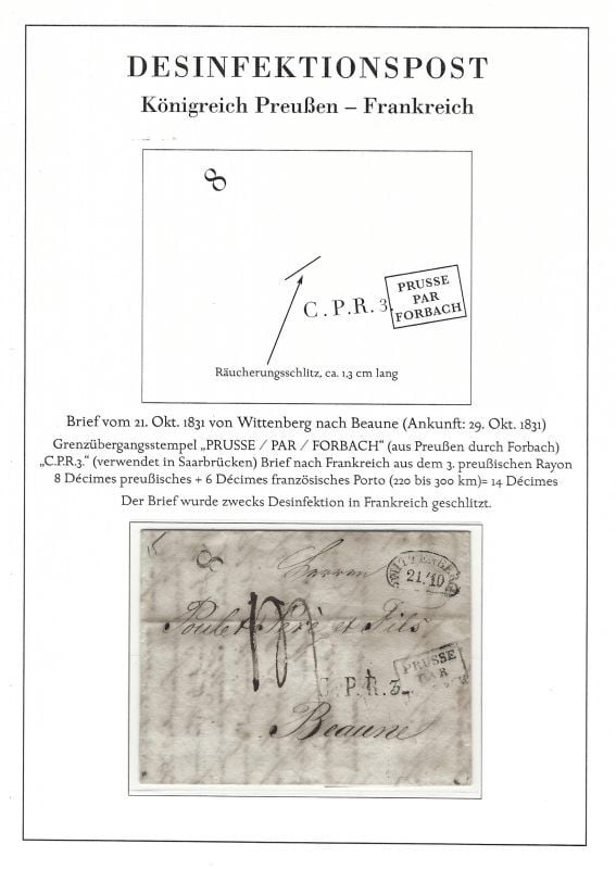 Desinfektionsbrief aus Wittenberg nach Frankreich vom 21. Oktober 1831. Der Nierenstempel war im Einsatz von 1824 bis 1832