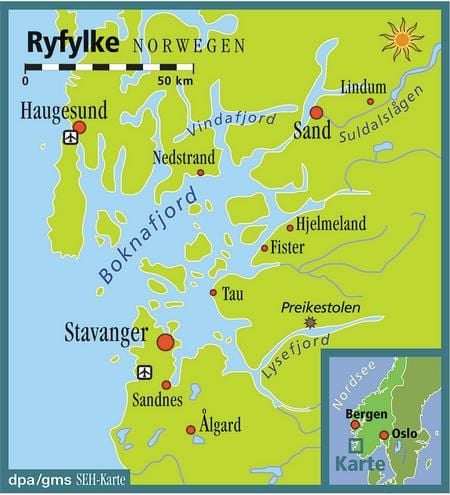 Von den Fjorden geprägt - Stavanger und Ryfylke beeindrucken vor allem durch durch das Wechselspiel von Meer und Land. (Grafik: dpa)