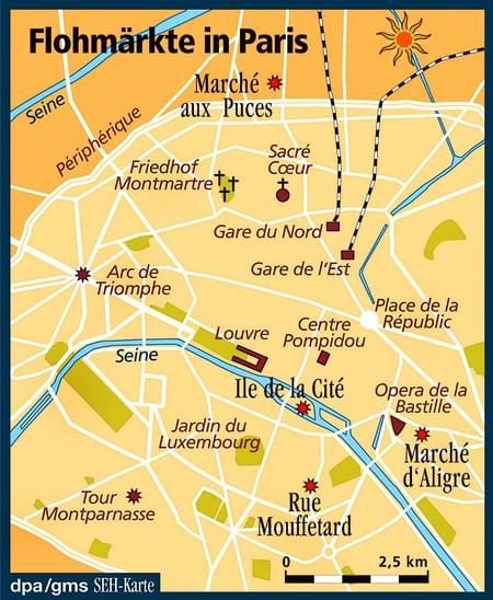 Paris hat zahllose Märkte - Besucher der französischen Hauptstadt können an jedem Tag der Woche zu Streifzügen auf der Suche nach Kunst, Krempel, Obst und Gemüse oder frischem Fisch starten. (Grafik: dpa)