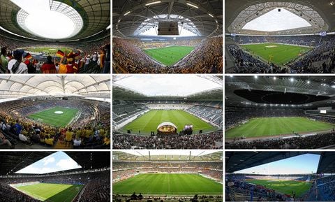 Die Bildkombo zeigt die Fußballstadien zur FIFA Frauenfußball-Weltmeisterschaft 2011 (von oben links nach unten rechts): das Olympiastadion in Berlin, das Rudolf-Harbig-Stadion in Dresden, das Rhein-Neckar-Arena in Sinsheim, FIFA Frauen-WM-Stadion in Frankfurt/Main, der Borussia-Park in Mönchengladbach, das FIFA Frauen-WM-Stadion in Leverkusen, das FIFA Frauen-WM-Stadiona in Augsburg, Arena im Allerpark in Wolfsburg und das FIFA Frauen-WM-Stadion in Bochum. (FOTO: DPA)
