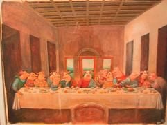 Das Bild «Dinner for 13» des Wiener Künstlers Nino Holm (undatiertes Handout). Nach Protesten von Kirchenvertretern ist in Niederbayern die Abendmahl-Darstellung mit Schweinen aus einer Ausstellung verbannt worden. (Foto: dpa)