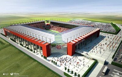 Das computergenerierte Bild zeigt die geplante Coface-Arena in Mainz, in der der zukünftige Fußball-Bundesligist FSV Mainz 05 ab der Rückrunde der Saison 2010/11 spielen will. (FOTO: DPA)