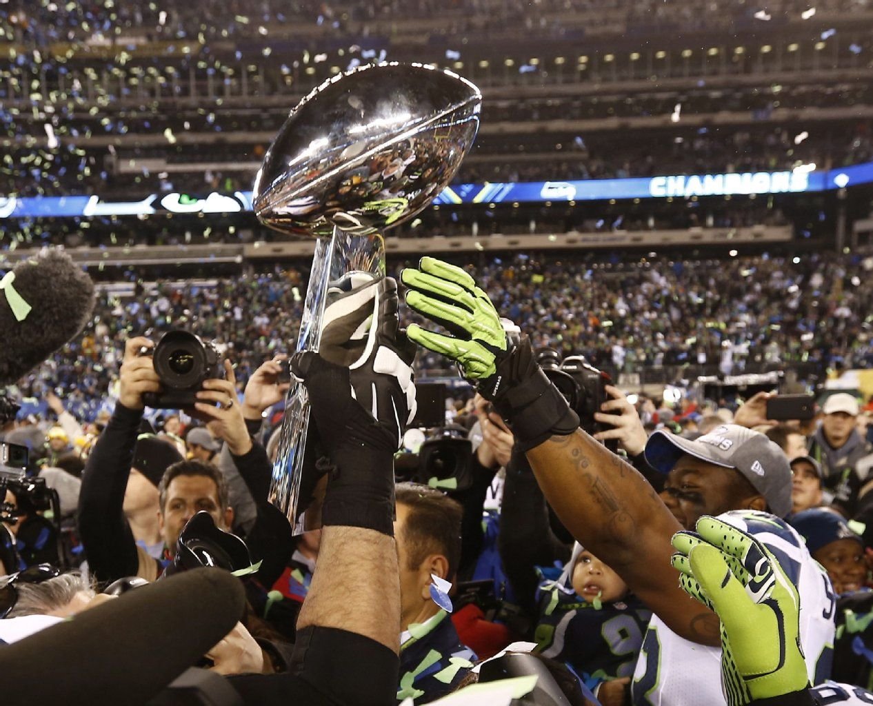 Super Bowl 2014 im MetLife Stadion in East Rutherford: Jubel bei den Seattle Seahawks nach dem Sieg über die Denver Broncos.