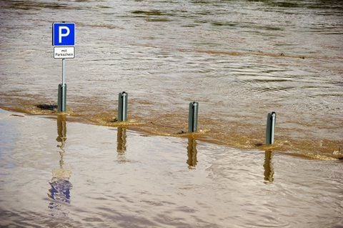 Ein Parkplatzschild an einem überfluteten Bootsanleger in Meißen im Hochwasser der Elbe. (ARCHIVFOTO: DPA)
