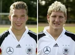 Kombo mit Archivbildern zeigt den Stürmer der deutschen Nachwuchsauswahl U21, Lukas Podolski (l), und U21-Mittelfeldspieler Bastian Schweinsteiger, aufgenommen am 24.05.2004 bei einem Fototermin in Alzey. Bastian Schweinsteiger und Lukas Podolski stehen unmittelbar vor der Nominierung in den EM-Kader des Deutschen Fußball-Bundes (DFB). Nur noch bei Verletzungen würde Rudi Völler die Entscheidung neu überdenken, erklärte der DFB-Teamchef am Pfingstmontag (31.05.2004) in Winden im Elztal. Das endgültige Aufgebot für die Europameisterschaft in Portugal wird Völler nach dem Testspiel am Mittwoch in der Schweiz und dem letzten EM-Gruppenspiel der U 21 am selben Tag gegen Portugal bei der UEFA melden. Foto: Ronald Wittek (Foto: dpa))