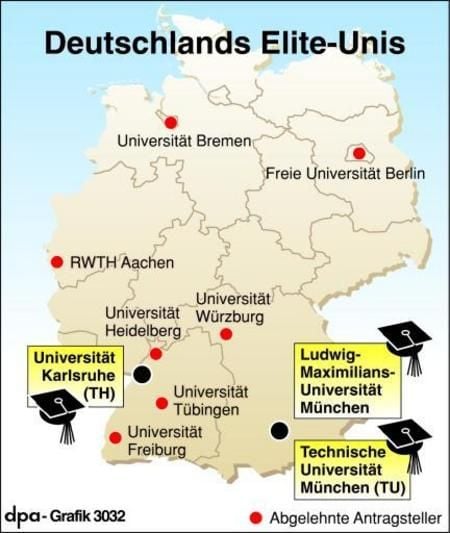 Die ersten deutschen Elite-Unis sind in Karlsruhe und in München (Grafik: dpa)