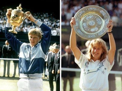 Die Kombo zeigt links Boris Becker am 07.07.1985 und rechts Steffi Graf am 02.07.1988, jeweils nach ihren ersten Siegen bei den All England Championships in Wimbledon. (FOTO: DPA)