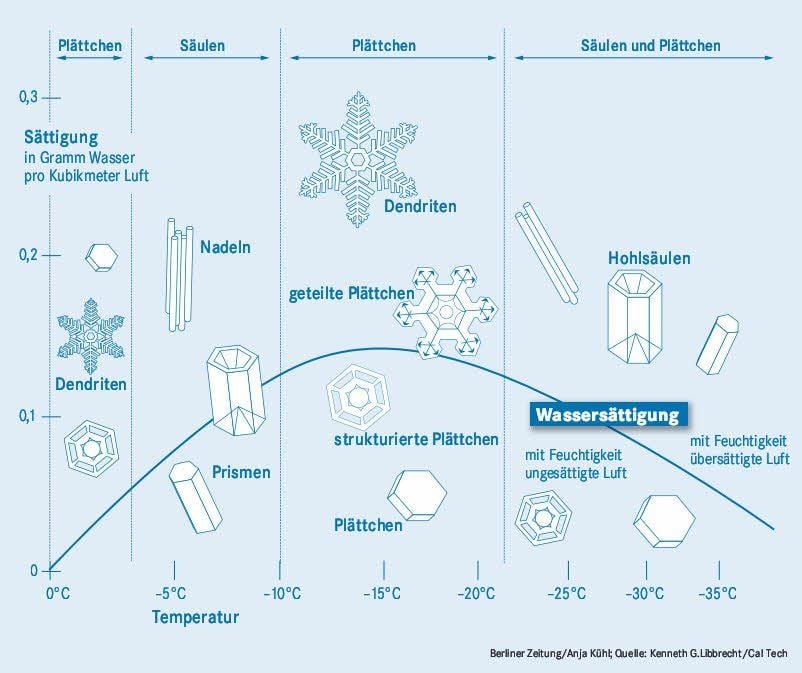 Form und Größe der Schneeflocken hängen von Temperatur und Wassersättigung in der Luft ab.