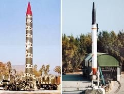 Die Bilder zeigen die pakistanische Ghauri Rakete in Islamabad (l) sowie die indische Agni-Rakete in Chandipur. (Foto: dpa)