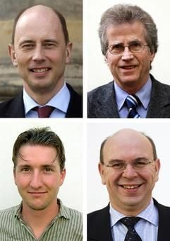 Die Bilder zeigen vier der acht Kandidaten zur Oberbürgermeisterwahl am 10. April in Leipzig. Gegen Amtsinhaber Wolfgang Tiefensee (SPD, oben links) gehen Kandidaten der CDU, PDS, FDP, DSU, NPD und zweier Wählervereinigungen ins Rennen. Die Grünen unterstützen den SPD-Kandidaten Tiefensee. Oben rechts Helmuth Blaßkiewitz "Die Parteilosen, Lebenserfahrenen, Berufserfahrenen" (PLB), unten links Thomas Rottmair für die Bürgerrechtsbewegung Solidarität (BüSo) und Peter Marx für die rechtsextreme NPD. (Foto: dpa)