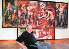Willi Sitte bei der Eröffnung der Suhler Ausstellung vor seinem Triptychon «Die Landsauna»