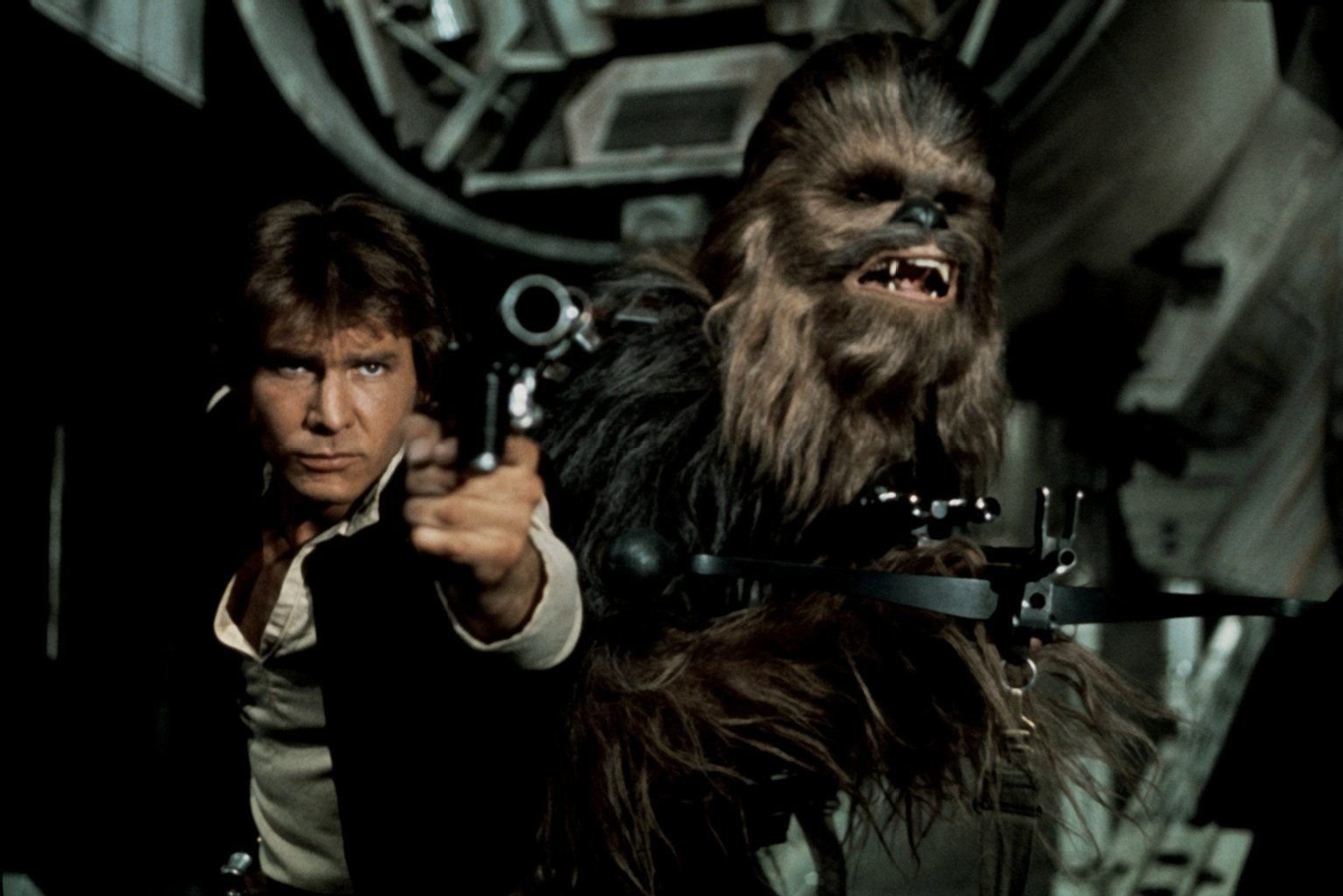 Harrison Ford als Han Solo mit Chewbacca in Star Wars.