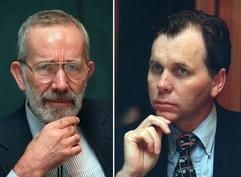 Robin Warren (l.) und Barry Marshall am 13.03.1997 in Frankfurt am Main. Der Nobelpreis für Medizin geht im Jahr 2005 an die zwei Australier. (Foto: dpa)