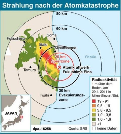 Strahlung nach der Atomkatastrophe nach Erdbeben und Tsunami in Japan am 11. März 2011 (GRAFIK: DPA)