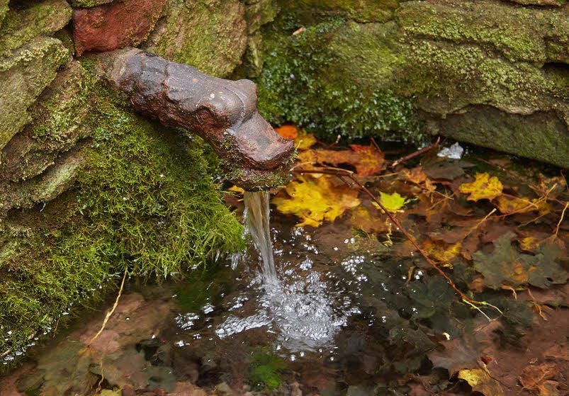 Ganz idyllisch plätschert die Quelle aus dem historischen Hahn.
