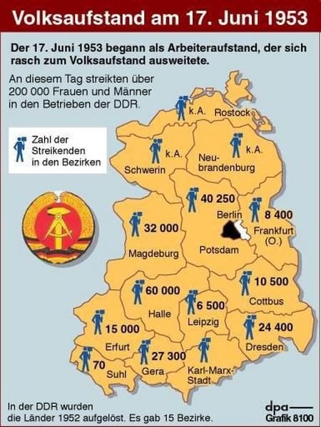 Übersicht zur Zahl der Streikenden in den Betrieben der DDR am 17. Juni 1953. (Grafik: dpa)