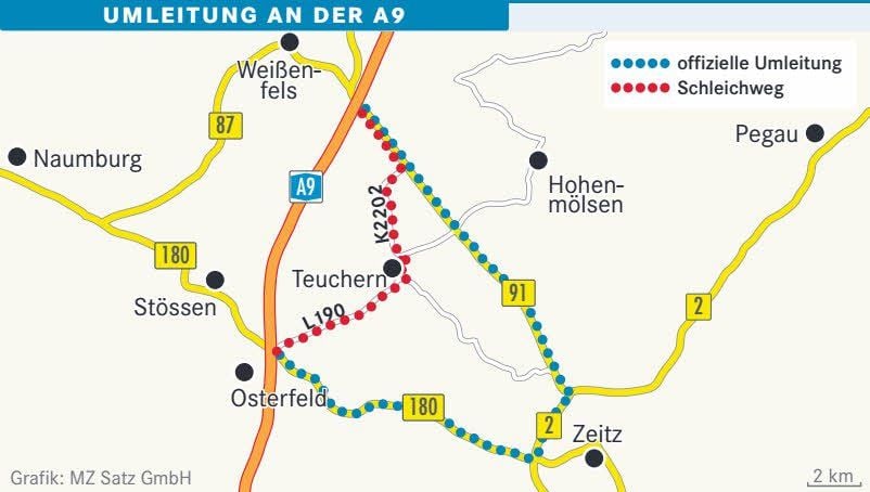 Umleitung an der A9 bei Teuchern