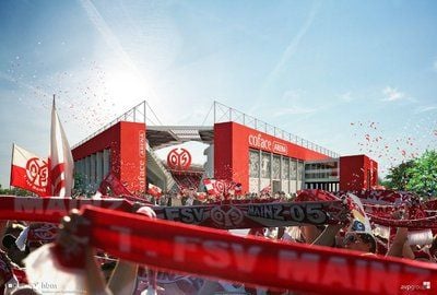 Das computergenerierte Bild zeigt die geplante Coface-Arena in Mainz, in der der zukünftige Fußball-Bundesligist FSV Mainz 05 ab der Rückrunde der Saison 2010/11 spielen will. (FOTO: DPA)