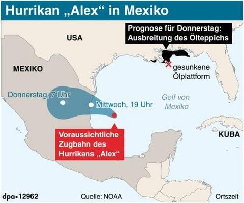 Der Tropensturm «Alex» ist in der Nacht zum Mittwoch auf seiner Reise über den warmen Golf von Mexiko zum Hurrikan erstarkt - dem ersten dieser Saison in der Atlantik-Region. (GRAFIK: DPA)