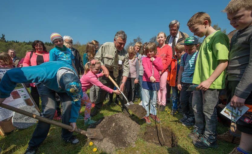 Vertreter der beiden Siegerteams „Eulen“ und „Spechte“ pflanzen eine Traubeneiche auf dem Gelände des Waldhofs.