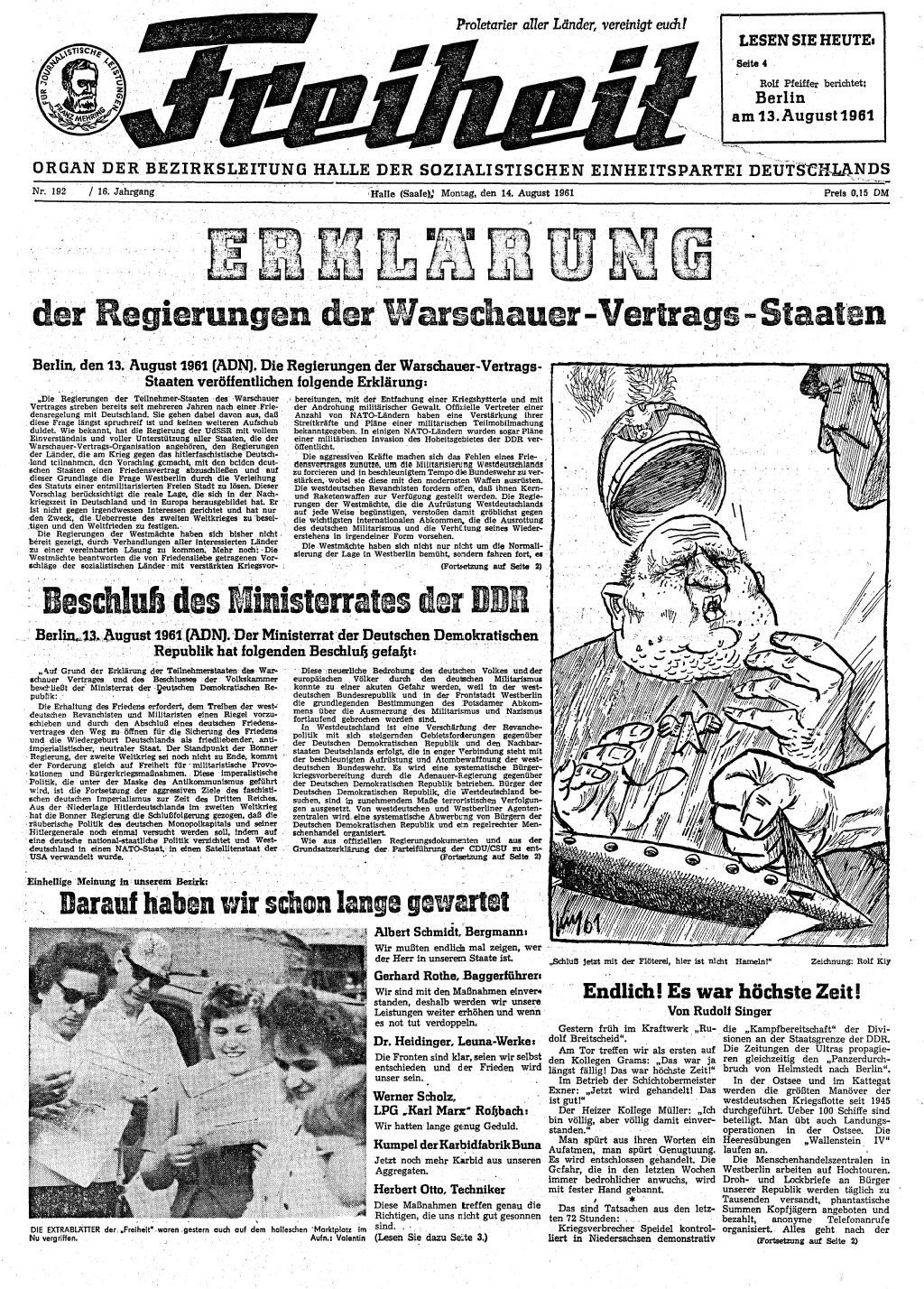Titelseite der "Freiheit" vom 14. August 1961