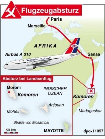 Karte zu dem Absturz eines jemenitischen Passagierflugzeugs vor den Komoren. (GRAFIK: DPA)